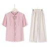 A two-piece Chinese-style cotton and linen set for petite moms in summer, a plain embroidered top and wide-leg pants set for middle-aged and elderly women Item Picture